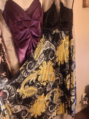 Flowy Feminine Satin Formal Black & Gold/Yellow Paisley Maxi Halter Dress